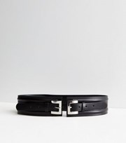 New Look Black Leather-Look Double Buckle Corset Belt